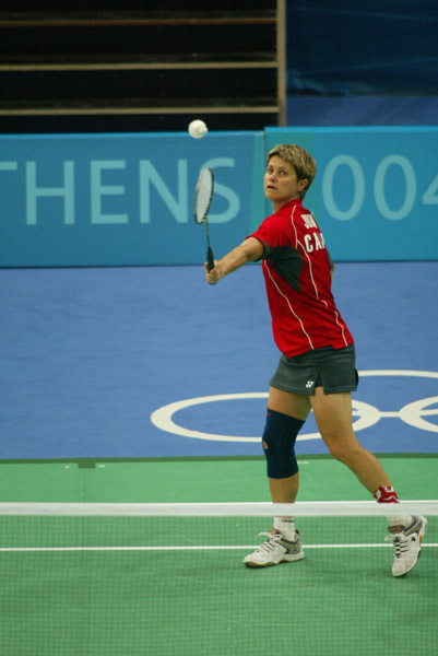 Canada's Denyse Julien gets ready to hit the birdie during a badminton training for the summer Olympic Games in Athens, Greece, Tuesday, August 10, 2004. (CP PHOTO/COC-Mike Ridewood)
