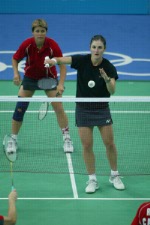 Denyse Julien (left) and Anna Rice (right) during a badminton training for the summer Olympic Games in Athens, Greece, Tuesday, August 10, 2004. (CP PHOTO/COC-Mike Ridewood)