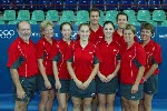 Canada's 2004 badminton team at the Olympic Games in Athens.  Standing (left to right): Jean-Paul Girard (coach), Anna Rice, Mike Beres and Martha Deacon (team leader).  Kneeing (left to right): Helen Nichol, Jody Patrick, Denyse Julien and Charmaine Reid.  Lying down: Philippe Bourret.(CP PHOTO)2004(COC-Mike Ridewood)