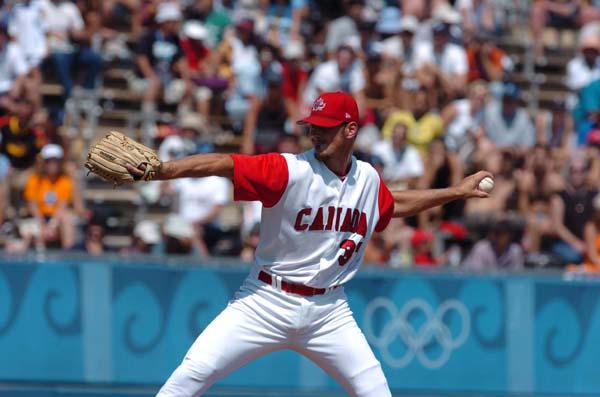 Canada's left-hand pitcher ric Cyr in the bronze medal game against Japan at the Olympic Games in Athens on August 25, 2004.  Canada lost the game. (CP PHOTO 2004/Andre Forget/COC)
