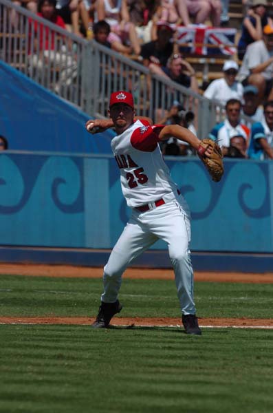 Canada's right-hand pitcher Mike Johnson in the bronze medal game against Japan at the Olympic Games in Athens on August 25, 2004.  Canada lost the game. (CP PHOTO 2004/Andre Forget/COC)