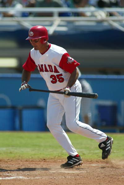 Canada's Ryan Radmanovich gets ready to bat at the Olympic Games in Athens on August 20, 2004. (CP PHOTO)2004(COC-Mike Ridewood)