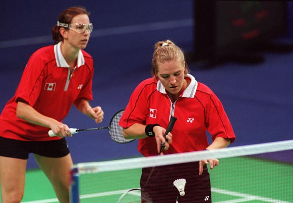Canada's Milane Cloutier and Robbyn Hermitage play women's doubles badminton at the Sydney 2000 Olympic Games. (CP PHOTO/ COA)