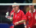 Canada's Milaine Cloutier (left) and Robbyn Hermitage compete in the women's doubles badminton event at the 2000 Sydney Olympic Games. (CP Photo/ COA)