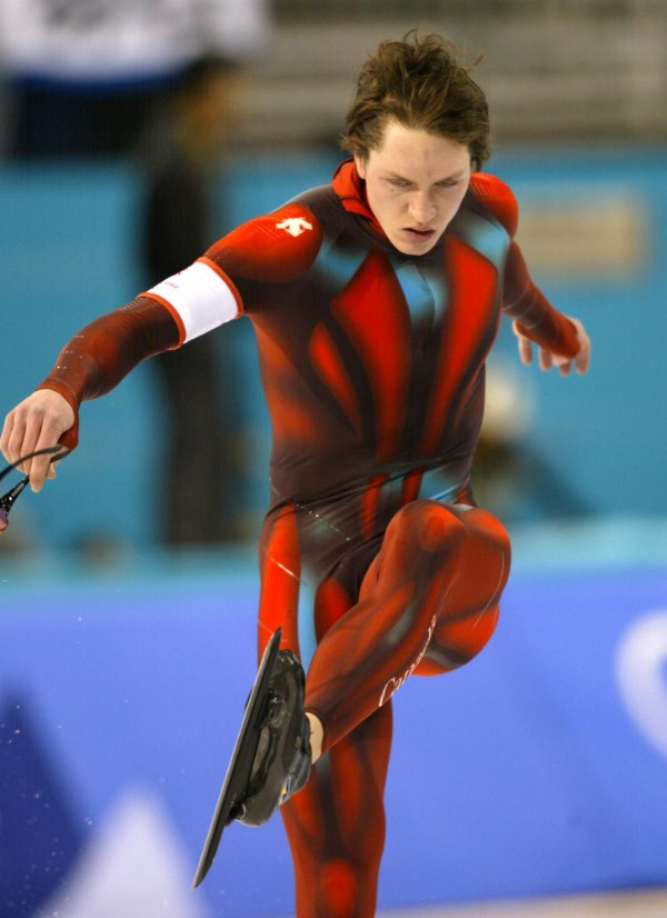 Canada's Jeremy Wotherspoon of Red Deer, Alta. throws a kick in frustration after slipping at the start in the men's 500-metre first heat at the XIX Olympic Winter Games in Salt Lake City, Utah, Monday, Feb. 11, 2002. (CP PHOTO/HO/COA/Mike Ridewood)