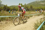 Canada's Marie-Helene Premont of Chateau-Richer, Que. pedals to the silver medal in women's mountain bike action at the Olympic Games in Athens, Friday, August 27, 2004.(CP PHOTO/COC-Mike Ridewood)