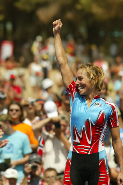 Canada's Marie-Helene Premont of Chateau-Richer, Que. won the silver medal in women's mountain bikea ction at the Olympic Games in Athens, Friday, August 27, 2004.(CP PHOTO/COC-Mike Ridewood)