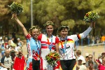 Canada's Marie-Helene Premont of Chateau-Richer, Que. (right) talks to Alison Sydor (left) of Victoria, BC after the women's mountain bike event at the Olympic Games in Athens, Friday, August 27, 2004. Premont took the silver medal while Sydor finished fourth.  (CP PHOTO)2004(COC-Mike Ridewood)