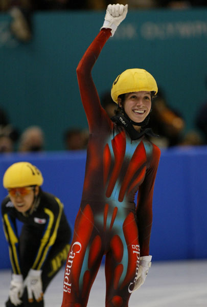 Canadian short track speed skater Marie-Eve Drolet after the Womens 500 metre in Salt Lake City, Utah Saturday Feb. 16, at the 2002 Olympic Winter Games. (CP Photo/COA/Andre Forget).