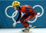 Canadian speed skater Marc Gagnon follows an americain skater during the Men's 500 metre at the 2002 Olympic Winter Games in Salt Lake City. (CP Photo/COA/Andre Forget).