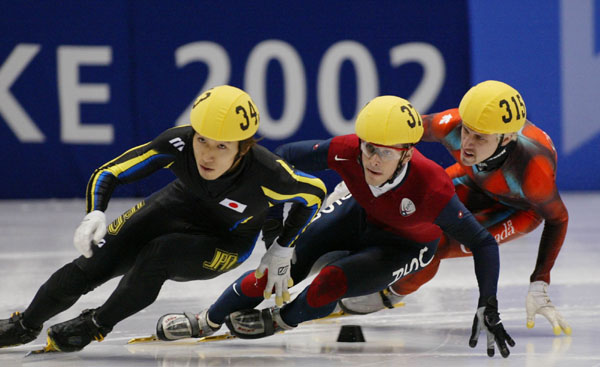 Canadian speed skater Marc Gagnon (315) during an event at the 2002 Olympic Winter Games in Salt Lake City. (CP Photo/COA/Andre Forget).
