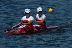Canada's Caroline Brunet (left) and Mylanie Barre race in the K2 500m heat at the Athens 2004 Summer Olympic Games Tuesday August 24, 2004. The pair placed third in the heat. (CP PHOTO/COC-Andre Forget)