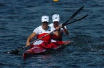 Canada's Caroline Brunet (front) and Mylanie Barre race in the K2 500m heat at the Athens 2004 Summer Olympic Games Tuesday August 24, 2004. The pair placed third in the heat. (CP PHOTO/COC-Andre Forget)