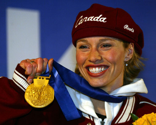 Catriona Lemay Doan of Saskatoon celebrates her gold medal  in the women's 500 metre speed skating event at the 2002 Olympic Winter Games in Salt Lake City, Thurs., Feb. 14, 2002. (CP PHOTO/COA/Andre forget).