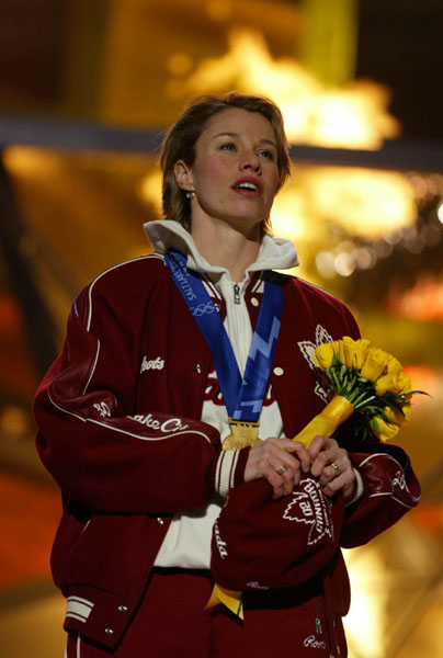 Catriona Lemay Doan of Saskatoon celebrates her gold medal  in the women's 500 metre speed skating event at the 2002 Olympic Winter Games in Salt Lake City, Thurs., Feb. 14, 2002. (CP PHOTO/COA/Andre Forget).