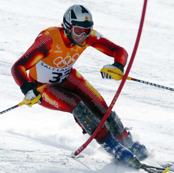 Canadian Darin McBeath, of Calgary, skies the Slalom course during the Men's Combined in Snow Basin, Utah Wednesday Feb. 13, at the 2002 Olympic Winter Games. (CP Photo/COA/Andre Forget).
