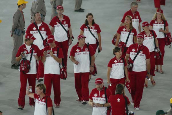 Members of the Canadian Olympic Team in the athletes' parade at the opening ceremony of the Olympic Games in Athens, August 13, 2004. (CP PHOTO)2004(COC-Mike Ridewood)