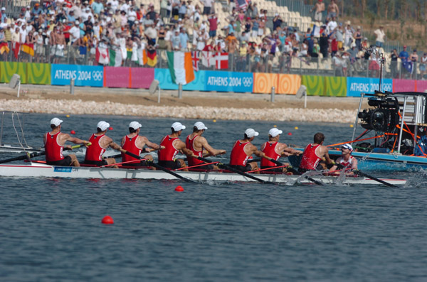Canadian men's eight rowing team at the final in Schinias at the 2004 Summer Olympic Games in Athens, Greece, Sunday, August 22, 2004. They went on to place fifth. (CP PHOTO/COC-Andre Forget)