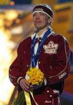 Canadian Beckie Scott receiving her bronze medal for Cross Country 2 x 5 km pursuit in Salt Lake City, Utah Friday Feb. 15, at the 2002 Olympic Winter Games. (CP Photo/HO/COA/Andre Forget).