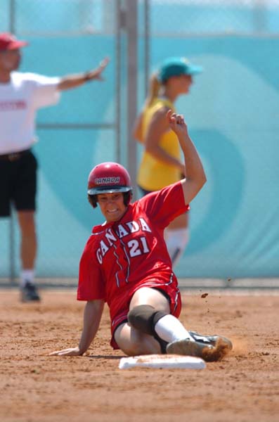 Canada's alternate Nomie Marin slides to be safe during a practice game against Australia on August 11, 2004 at the Olympic Games in Athens. (CP PHOTO 2004/Andre Forget/COC)