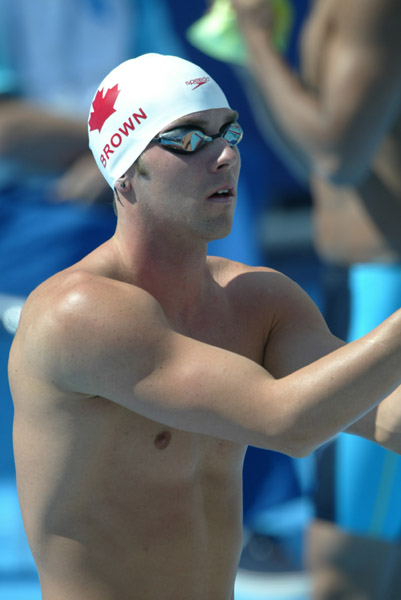 Canada's Mike Brown of Perth, Ont. gets ready to swim in preliminaries of the 200 metre breaststroke at the Olympic Games in Athens, Tuesday, August 17, 2004. (CP PHOTO/COC-Mike Ridewood)