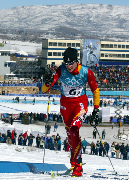 Canadian cross-country skier Milaine Theriault skis the second leg of the Women's 4 X 5 km Relay in Soldier's Hollow Thursday Feb. 21, at the 2002 Olympic Winter Games in Salt Lake City. (CP Photo/COA/Andre Forget).