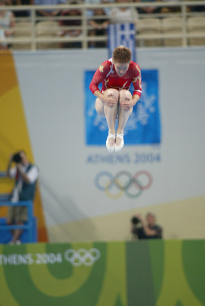 Canada's Heather Ross-McManus of Mississippi Mills, Ont. jumps to a sixth place in women's trampoline at the Olympic Games in Athens on Friday, August 20, 2004. (CP PHOTO)2004(COC-Mike Ridewood)