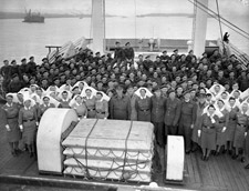 Photograph of nurses and officers on board the re-christened HMCS LETITIA, April 1945