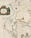 Map entitled PASKAERT ZIJNDE DE NOORDELIJCKSTE ZEEKUSTEN VAN AMERICA VAN GROENLAND DOOR DE STRAET DAVIS EN DE STRAET HUDSON TOT TERRA NEUF, 1666