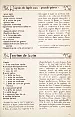 Page 115 du livre de cuisine LE GUIDE DE LA CUISINE TRADITIONNELLE QUÉBÉCOISE présentant deux recettes : Ragoût de lapin aux grand-pères et Terrine de lapin