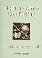 Couverture du livre de cuisine NOTHING MORE COMFORTING: CANADA'S HERITAGE FOOD ornée d'une gravure sur linoléum représentant deux pommes sur une branche