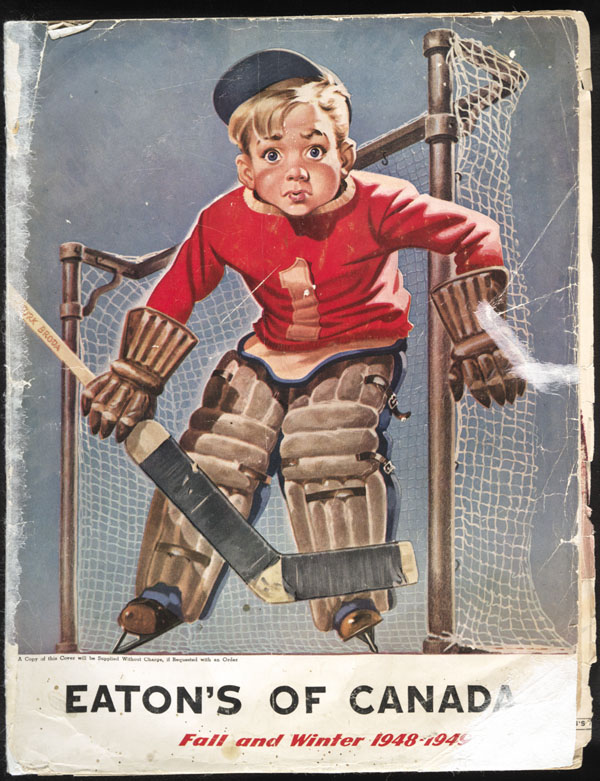 Drawing of a boy playing goalie in front of hockey net
