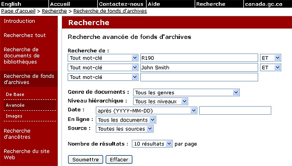 Capture de l'cran Recherche avance de fonds d'archives montrant les champs de recherche, les options, les zones de texte avec des exemples de mots-cls, « R190 » et « Jean Tremblay » dans ce cas, et des menus droulants avec des rglages par dfaut ou spcifis.