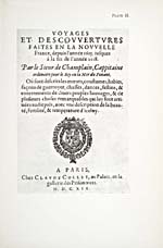 Plate from book, THE WORKS OF SAMUEL DE CHAMPLAIN, VOLUME 3, 1615-1618, featuring a reproduction of the original French text, reading VOYAGES ET DESCOUVERTES FAITES EN LA NOUVELLE FRANCE, DEPUIS L'ANNÉE 1615, IUSQUES À LA FIN DE L'ANNÉE 1618