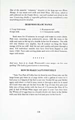 Page 138 of cookbook, OUT OF OLD NOVA SCOTIA KITCHENS,with recipes for Irish Moss Blanc Mange and a text on how to make Calf's Foot Jelly