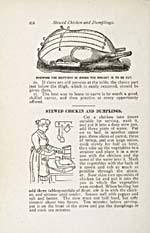 Page 414 of cookbook, THE HOUSEHOLD GUIDE: OR, DOMESTIC CYLOPEDIA, with an illustration showing how to carve a turkey and a recipe for Stewed Chicken and Dumplings with accompanying illustration