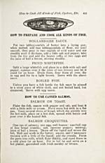 Page 415 of cookbook, THE HOUSEHOLD GUIDE: OR, DOMESTIC CYLOPEDIA, with an illustration of a plate of fish, and instructions for preparing fish and for cooking with canned salmon