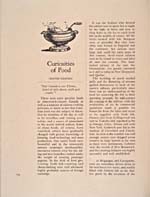 Page 174 of cookbook, GOD BLESS OUR HOME, presenting the beginning of chapter 14, reading CURIOSITIES OF FOOD, with text in two columns illustrated with a drawing of a steaming pot of soup