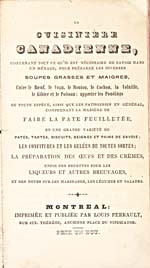 Title page of cookbook, LA CUISINIÈRE CANADIENNE...