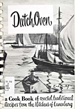 Cover of cookbook, DUTCH OVEN: A COOK BOOK OF COVETED TRADITIONAL RECIPES FROM THE KITCHENS OF LUNENBURG, with a painting of a fishing port