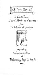 Title page of cookbook, DUTCH OVEN: A COOK BOOK OF COVETED TRADITIONAL RECIPES FROM THE KITCHENS OF LUNENBURG, with a line drawing of a rack of kitchen utensils