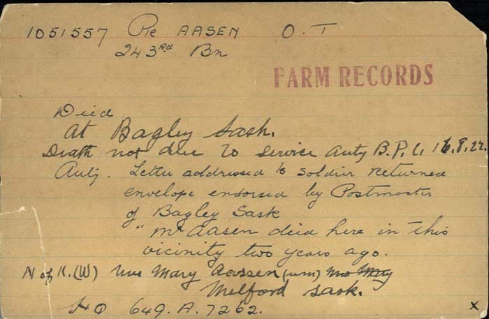 Title: Veterans Death Cards: First World War - Mikan Number: 46114 - Microform: aasen_o-t