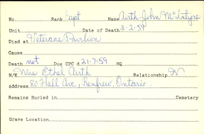 Title: Veterans Death Cards: First World War - Mikan Number: 46114 - Microform: aasen_o-t