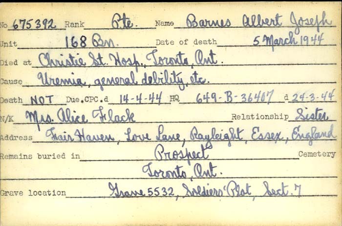 Title: Veterans Death Cards: First World War - Mikan Number: 46114 - Microform: barnes_adam