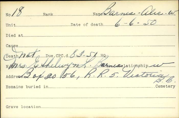 Title: Veterans Death Cards: First World War - Mikan Number: 46114 - Microform: barnes_adam