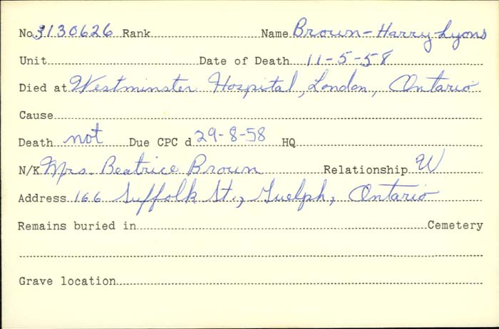 Title: Veterans Death Cards: First World War - Mikan Number: 46114 - Microform: brown_harry