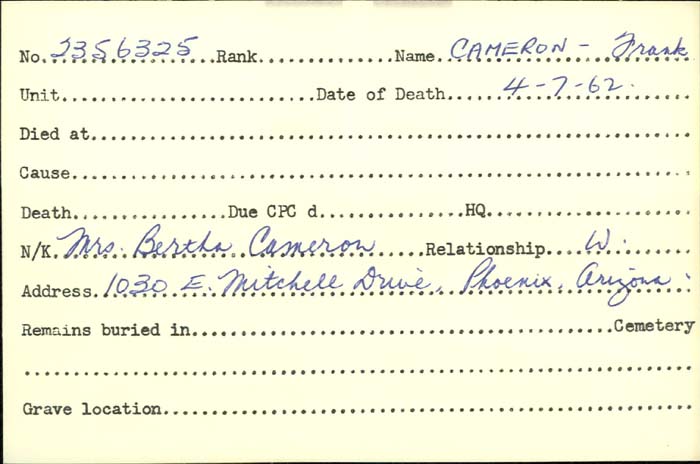 Title: Veterans Death Cards: First World War - Mikan Number: 46114 - Microform: byers_joseph