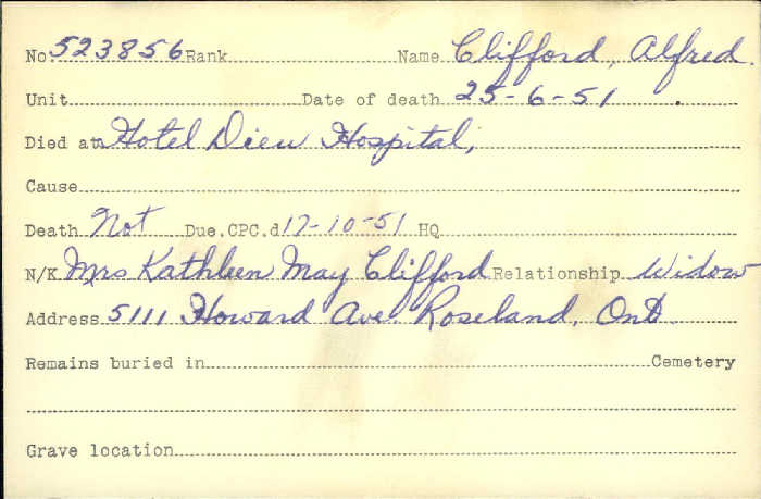 Title: Veterans Death Cards: First World War - Mikan Number: 46114 - Microform: clifford_alfred