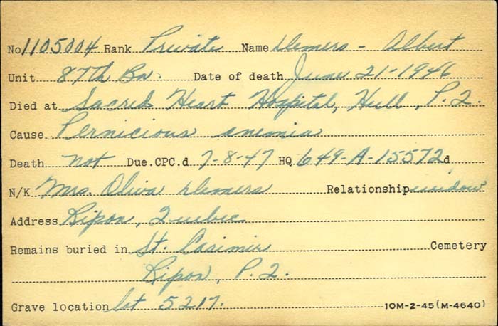 Title: Veterans Death Cards: First World War - Mikan Number: 46114 - Microform: demers_albert