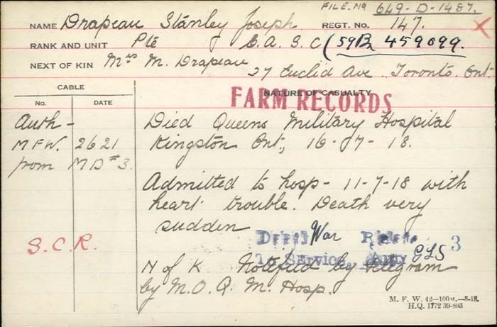 Title: Veterans Death Cards: First World War - Mikan Number: 46114 - Microform: dobson_alan